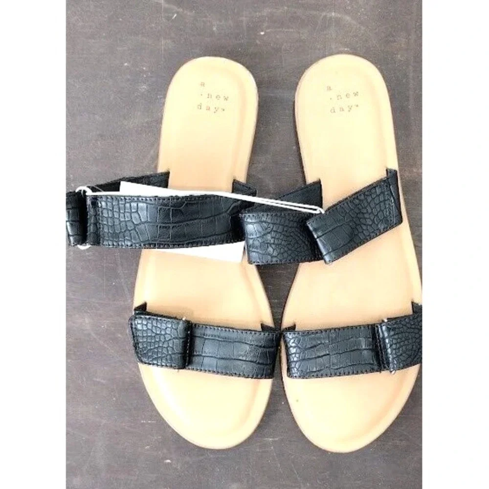 A New Day Womens Black Faux Crocodile Double‎ Strap Slide Sandals Size 9